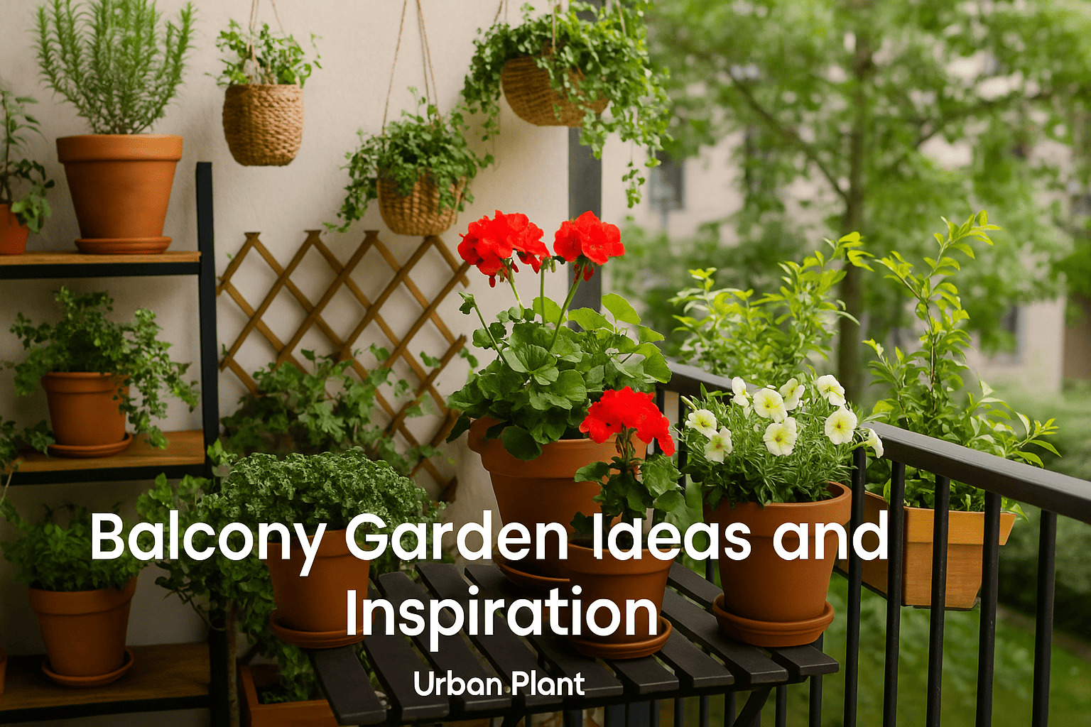 Balcony Garden Ideas and Inspiration – Urban Plant collection of balcony garden setups featuring flowering pots, hanging baskets, and vertical planters for small urban spaces